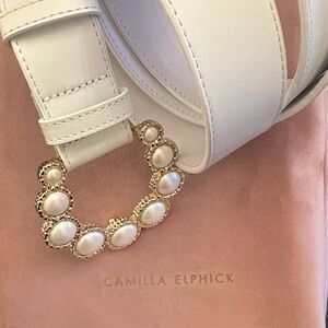 Camilla Elphick White Leather Belt with Pearl Gold Buckle